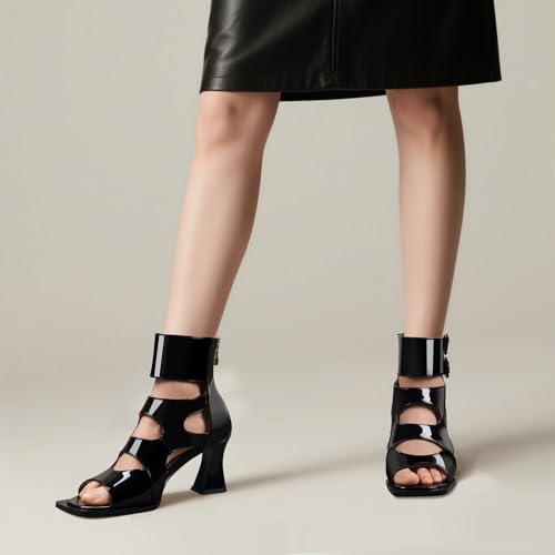 Women's Chunky Heel Sandals Ankle Strap Hollow Out Open Toe Back Zipper Summer Bootie4