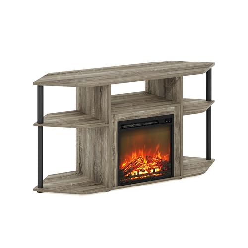 Image of Furinno Jensen Fireplace TV Stand, Corner Entertainment Center, TV Console for TV up to 55 Inch with Fireplace, Plastic Poles and Open Storage, for Living Room, Bedroom, French Oak Grey