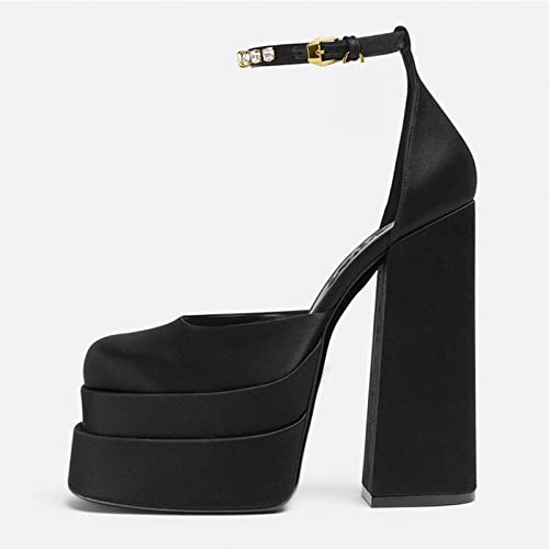 Womens Hot High Heeled Pumps Fashion Platform Shoes Rhinestone Ankle Strap Silk Satin Square Toe Platform Chunky Shoes #TOP2