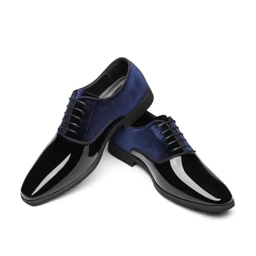 Men's Patent Leather Patchwork Velvet Oxford Shoes Classic Suede Pointed Toe Chunky Block Heel Lace Up Tuxedo Dress Shoes for Formal Wedding Business4