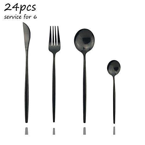 JASHII 24 Piece Titanium Black Plated Stainless Steel Flatware Set, 24 Pieces Black