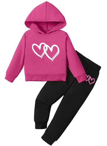 Image of Cute Girls Heart Print Sweatsuit - Casual Valentines Kids Clothes Long Hooded Sweatshirt Pants Fall Winter Outfits