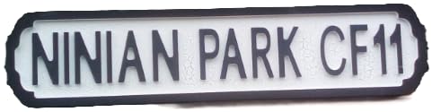 NINIAN PARK CF11 Retro style CARDIFF CITY football sign in a crackle finish. Makes a great gift. Size 49 x 11 cm. Comes with hanging hook.