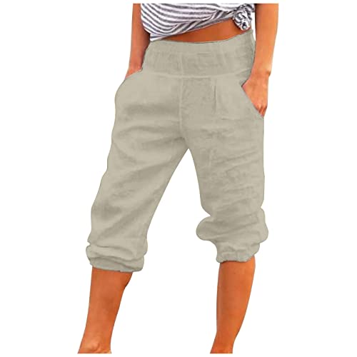 XUNRYAN Women's Capri Cotton Linen Pants High Waist Elastic Tapered Pants Comfy Cropped Trousers Joggers w Pockets 2023