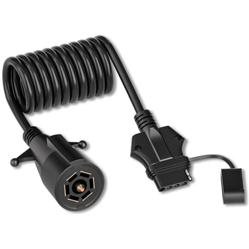 Goupchn 7 Way Round to 5 Way Flat Coiled Trailer Plug Adapter 4.92ft/1.5m 7 Pin to 5 Pin Trailer Coiled Wiring Harness Adapter Extension Cord Cable