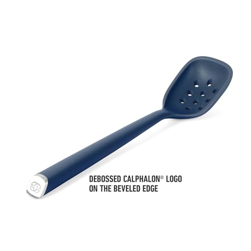 Image of Calphalon Edge Silicone Slotted Spoon /Skimmer, Flexible Heat-Resistant Kitchen Strainer Spoon for Cooking, Frying, Skimming & Serving, Nonstick Safe, Navy Blue