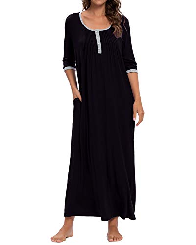 Loungewear Long Nightgown Women's Ultra-Soft Nightshirt Full Length Sleepwear with Pocket (Black,XL)