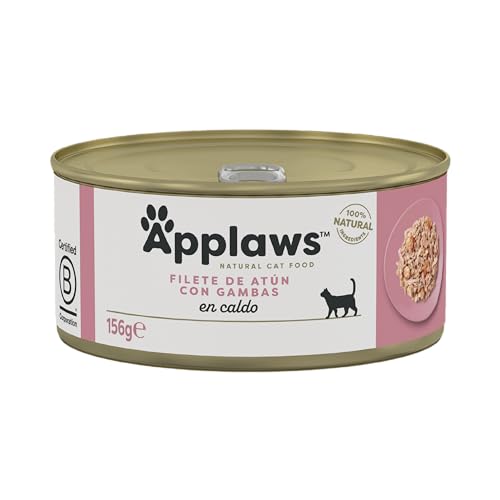 Applaws Comida húmeda 100% Natural para Gatos, Filete de Atún con Gambas en Caldo - Pack de 24 latas de 156g