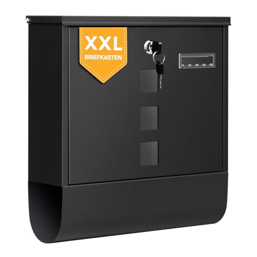 WOLTU XXL Briefkasten, Postkasten mit Zeitungsfach, 11 x 37 x 37 cm, Aufkleber gegen unerwünschte Werbung, Sichtfenster, abschließbar, einfache Montage, 2 Schlüssel, modern, schwarz, BK006sz2