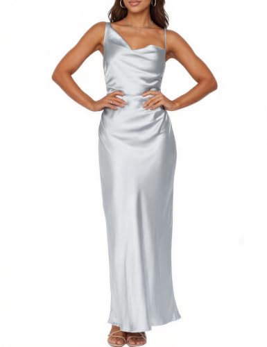 Image of Formal Satin Silk Spaghetti Strap Maxi Dresses for Women Wedding Guest