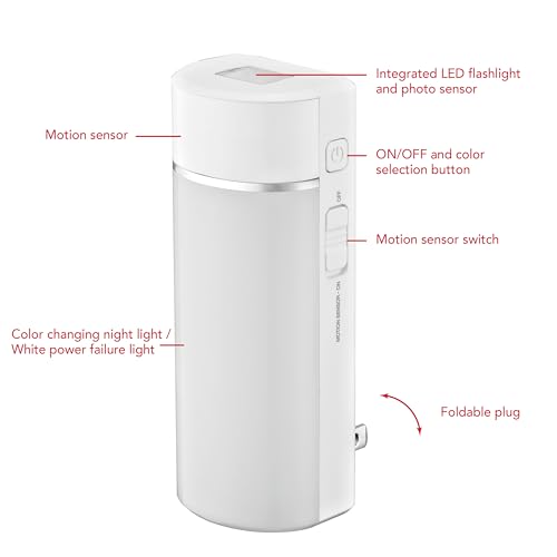 Sunbeam 3-Pack Emergency Power Failure Night Lights, 5-in-1, Multi-Color LED Light, Automatic Dusk to Dawn, Motion Sensor for Bedrooms, Hallways, Black Outs, Foldable Plug Flashlight, Rechargeable