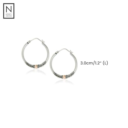NOVICA Artisan Handmade Gold Accent Hoop Earrings Fair Trade Accented Sterling Silver Indonesia Balinese Traditional [1.2 in L x 0.2 in W x 1.1 in D] ' Two Tone Moon'4