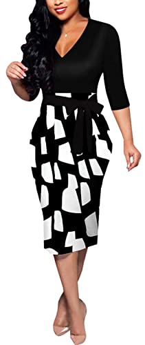 Women's Sexy Formal Church Dress V Neck 3/4 Sleeve Floral Printed Pencil Midi Office Dresses Belted #TOP6