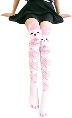 Tangpingsi Women's Lolita Kawaii Thigh High Stockings Cartoon Rabbit Anime Socks Lolita Stockings Black