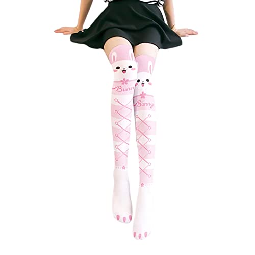 Tangpingsi Women's Lolita Kawaii Thigh High Stockings Cartoon Rabbit Anime Socks Lolita Stockings Black