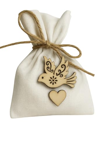 Lot de 25 contenants à Dragées Pochons en Tissu Blanc & Colombe + Ficelle - Sachets à Dragées, Cadeaux Invités Baptême, Communion, Mariage – Bonbons,...