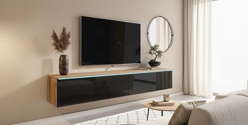 TV Schrank Donna, Breite 180 cm, TV Lowboard, Stehend oder Hängend, Fernsehschrank für das Wohnzimmer, Laminierte Spannplatte, Moderner Stil, Wotan Eiche / Schwarz Hochglanz - LED Beleuchtung