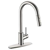 APPASO Kitchen Faucet with Pull Down Sprayer Brushed Nickel, Single-Handle High Arc Swan-Neck Modern Kitchen Sink Faucet with Optional Deck Plate Stainless Steel, Silver