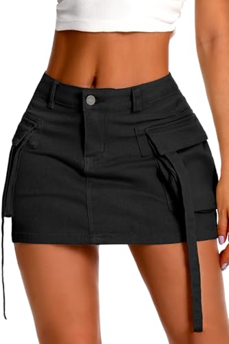 ELLEVEN Women's Cargo Skirt High Stretchy, y2k Mini Jean Skirts