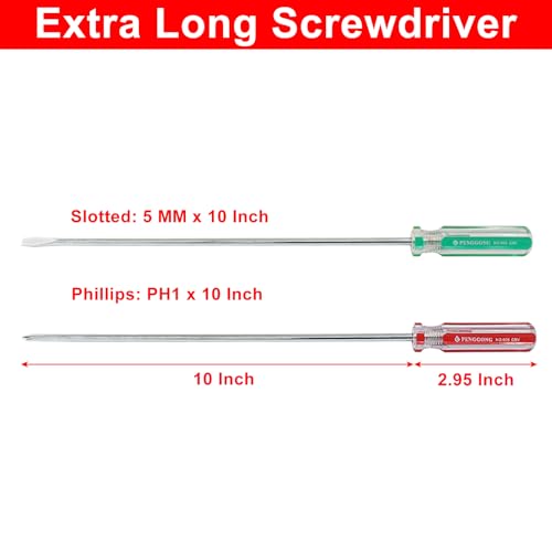 Image of 10 Inch Long #1 Phillips & 5mm Slotted Screwdriver 2-Piece Set, Magnetic Tip Flat Blade Cross-head Screwdrivers (Red, Green)