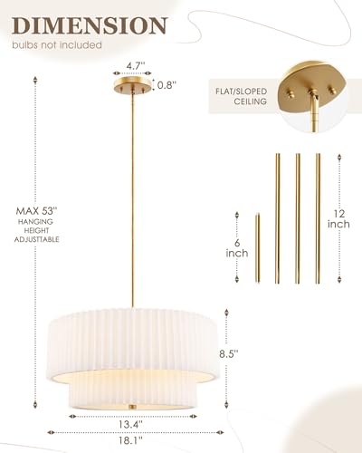 Image of 18 inch Double Drum Chandelier, 3-Light Gold Pendant Light Fixtures with Dual Layer Pleated Fabric Shade, Modern Chandeliers for Dining Room Kitchen Living Room Bedroom Hallway, AD-25036-3P-GD