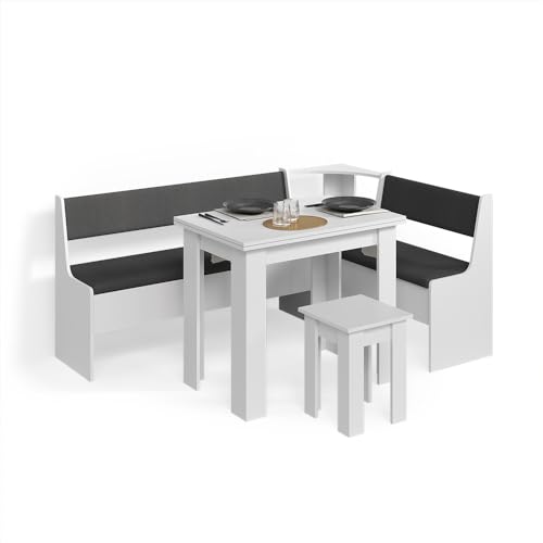 Livinity Conjunto con Banco esquinero Tiberio, Blanco, 180 x 120 cm con Mesa