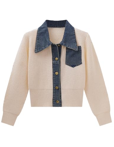 Image of Womens Sweaters Patchwork Denim Sweater Cardigan Long Sleeve Chunky Knit Cardigans Fall Cardigan