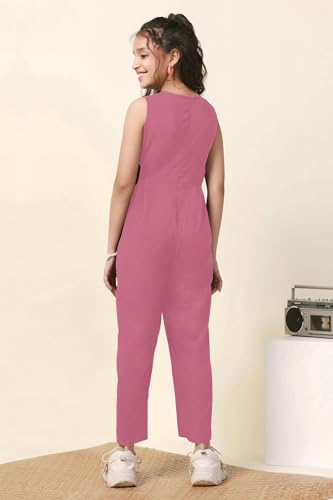Image of Fashion Dream Girl's Ankle Length Solid Jumpsuit (FDGJMP00091 PNK 32 Pink 9-10 Yrs)