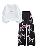 BEAUDRM Girl's 2 Piece Outfits Letter Bow Graphic Long Sleeve Sweatshirt and Sweatpants Parachute Pants Tracksuit Sets Black 12Y
