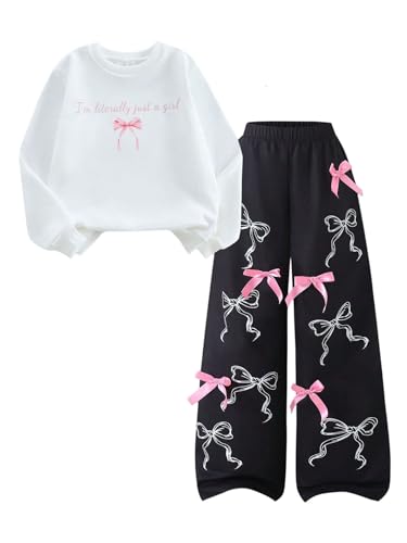 BEAUDRM Girl's 2 Piece Outfits Letter Bow Graphic Long Sleeve Sweatshirt and Sweatpants Parachute Pants Tracksuit Sets Black 12Y