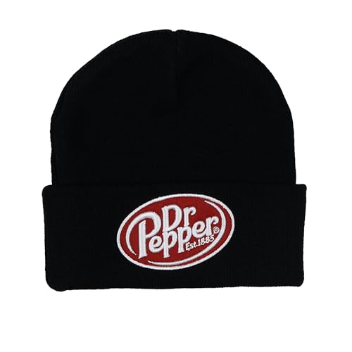 Dr Pepper Soda Pop Beanie Black Knit Fold Cuff Hat Skull Cap with Embroidered Logo OSFM Adult