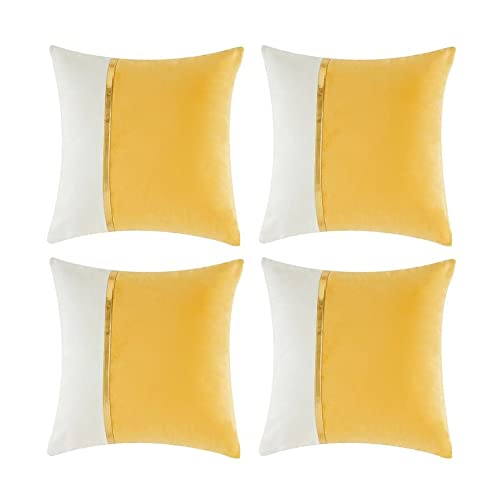 Fancy Homi 4 Packs Yellow Decorative Throw Pillow Covers 18x18 Inch for Living Room Couch Bed, Yellow and White Velvet Patchwork with Gold Leather, Luxury Home Decor Square Cushion Case 45x45 cm