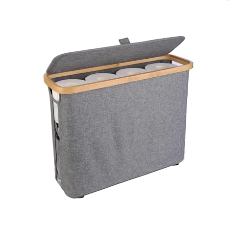 LimCryspp Large Bamboo Toilet Paper Storage Basket with Lid, Foldable Waterproof Bathroom Organizer Bin, Portable Toilet Paper Holder Stand Holds 12 Regular Rolls or 9 Mega Rolls (Grey)