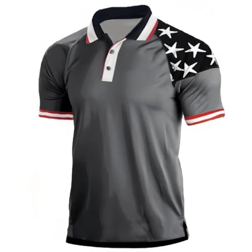 KUFORES Men's Short Sleeve Stars USA Flag Polo Patriotic Golf T-Shirt 4th July Independence Day Summer Fashion Casual Top Raglan Tees Quick Dry Athletic Muscle Shirts Grey XL