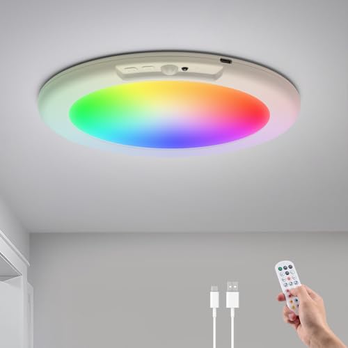 Combuh Led Plafon Techo Bateria Sin Cables, RGB Lampara Recargable con Sensor de Movimiento, con mando, para Baño, Garaje, Terraza, Dormitorio, 1 Unidad