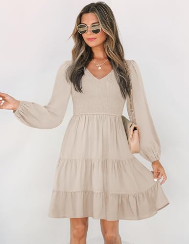 ZESICA Women's Casual V Neck Long Sleeve Smocked High Waist Ruffle A Line Tiered Mini Dress4