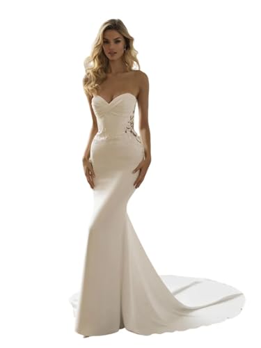 Strapless Wedding Dresses for Women Bride Boho Bridal Gowns Simple Backless Satin Mermaid Wedding Gowns with Train Ivory US4