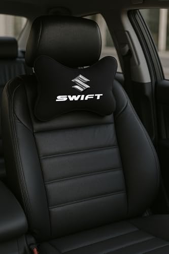 Image of Maruti Suzuki Swift Car Headrest Neck Pillow - Neck Support Cushion for Driving | Soft Polyester, Ergonomic, Pain Relief, Travel Use | 26 x 18 cm (Black)
