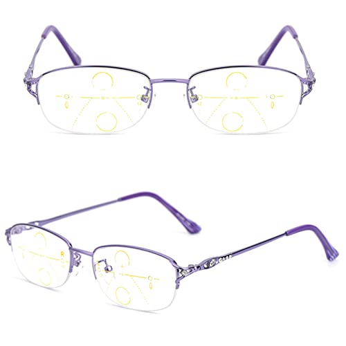 Modne damskie progresywne okulary do czytania Multifocus, fioletowe czytniki półramkowe z diamentem (rozmiar: 1,5 x)