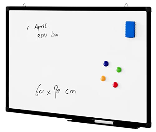 ACAZA Tableau blanc Mémo magnétique, cadre en aluminium, avec 1 Marqueur et Porte-Marqueur, pour Ecole, Cuisine, Bureau - 60 x 90 cm, bordure noire Cover