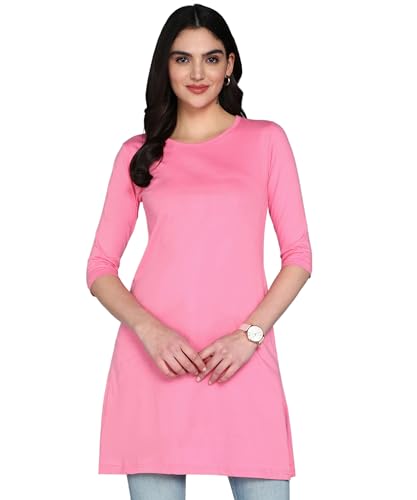 Image of FLEXIMAA Women's Cotton Plain Round Neck 3 /4 Sleeve Long Top