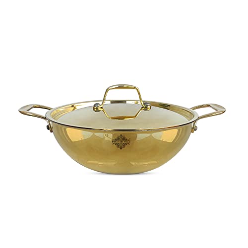 Indian Art Villa Brass With Tin Lining & Gold Finish Kadhai/Wok With Lid & Handle On Both Side, Cookware & Serveware Volume-43 Oz #TOP4