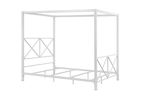 Dhp Rosedale Metal Canopy Bed Frame With Four Poster Design And Geometric Accented Headboard And Footboard, Underbed Storage Space, Full, White #TOP2