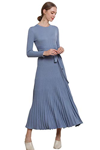 Image of Women's Long Knit Crewneck Sweater Dress Tie Waist A-Line Swing Pleated Bodycon