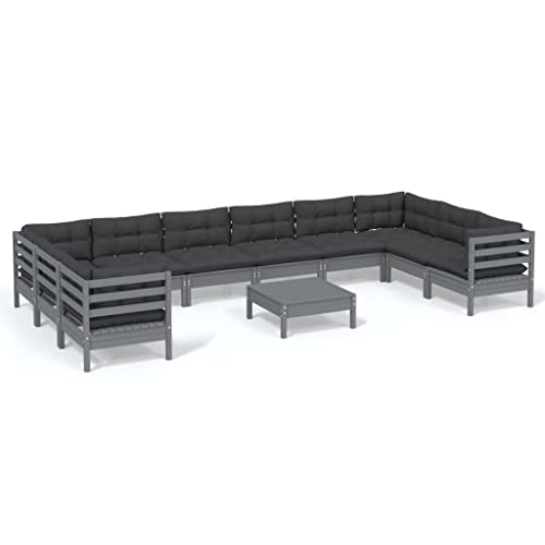 vidaXL Kiefernholz Gartenmöbel 11-TLG. mit Kissen Grau Ecksofa Mittelsofa Tisch Fußhocker Sitzgruppe Sofa Lounge Gartensofa Garten Garnitur Gartenset