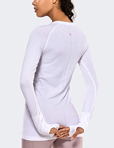 CRZ YOGA Women's Seamless Athletic Long Sleeves Sports Running Shirt Breathable Gym Workout Top White-Slim Fit Small