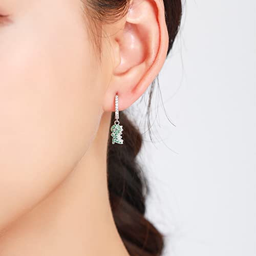 Cute Dinosaur Dangle Hoop Earrings S925 Sterling Silver Green Cubic Zirconia Crystal Lovely Animal Dangling Charm Drop Huggie Hoops Studs Earring Dainty Jewelry for Women2