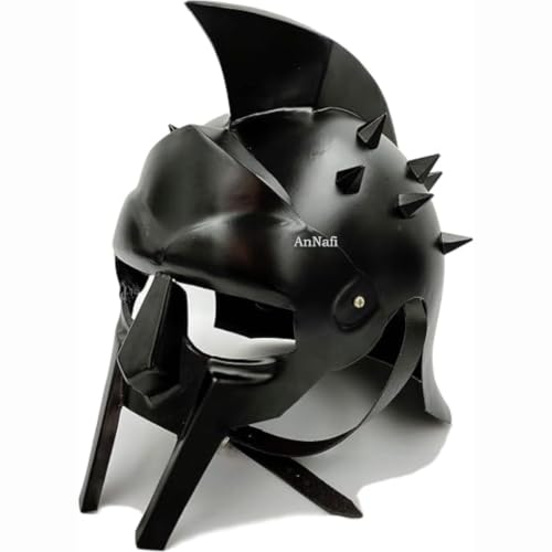 Image of AnNafi Maximus Gladiator Helmet Men Roman Headgear Blackened LEATHER LINER FITTED, Adult Medieval Costume, Larp Sca Party Clothing, Halloween Costumes