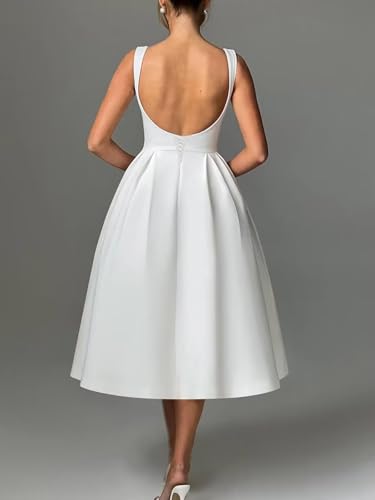 Tea Length Wedding Dresses for Bride Satin Midi Boat Neck Cocktail Party Dress Corset Formal Evening Gown2