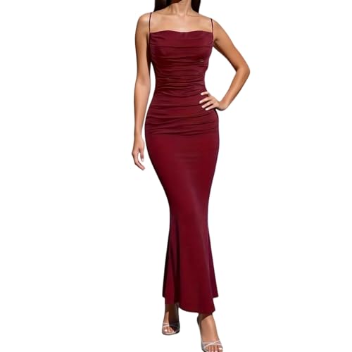Vestido sexy sin mangas para mujer, cintura alta, bodycon falda larga, elegante, formal, ropa de fiesta, ropa de verano, cuello en V, tirantes, rojo, XS